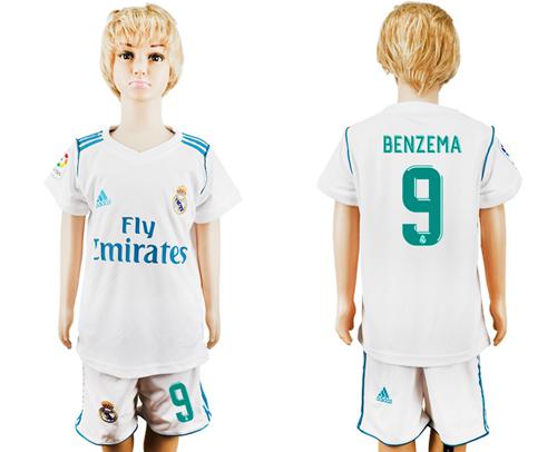 Real Madrid #9 Benzema White Home Kid Soccer Club Jersey